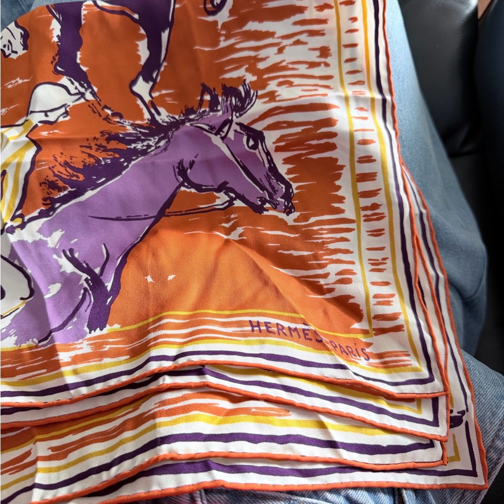 Hermes Orange Purple White Horse Print Silk Scarf